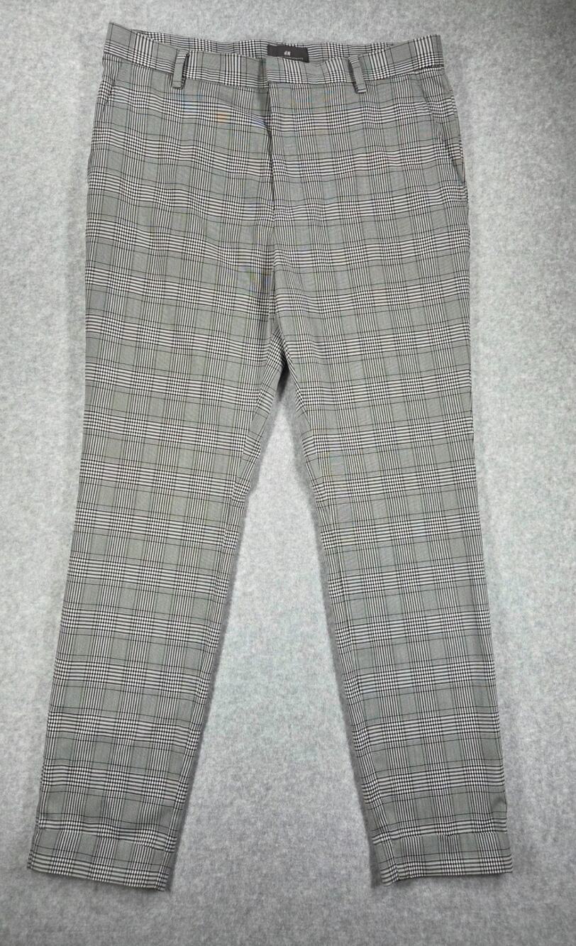 H&M Men Skinny Fit Plaid Pants 32 Grey Black Check Trousers Dark Academia